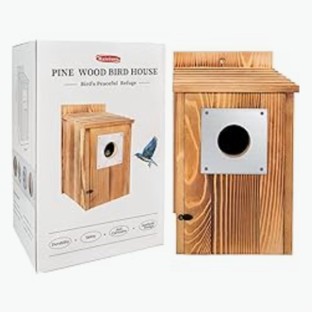 Pine Wood Birdhouse w/ Metal Predator Guard & Cleaning Door
